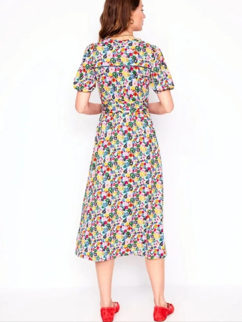 Boden Sofia Trim Jersey Midi Dress Floral Pink Multicolor Belred Waist Pockets - Picture 10 of 16